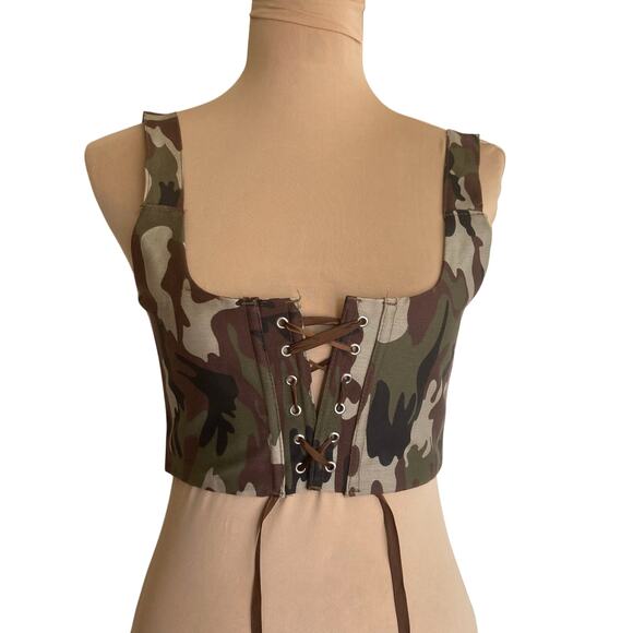 Camoflage Corset Ribbon Lacing Bustier M Metal Buckles Edgy Tough Flirty Grunge - Picture 1 of 6
